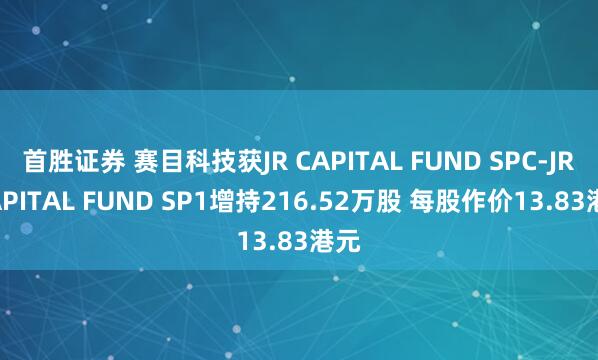 首胜证券 赛目科技获JR CAPITAL FUND SPC-JR CAPITAL FUND SP1增持216.52万股 每股作价13.83港元